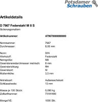 1000 Sicherungsmuttern DIN 7967 Federstahl M8