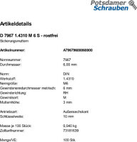 100 Sicherungsmuttern DIN 7967 1.4310 M6 rostfrei Edelstahl