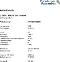 100 Sicherungsmuttern DIN 7967 1.4310 M20 rostfrei Edelstahl