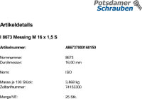 25 Sechskantmuttern ISO 8673 Messing M16x1,5 Ms