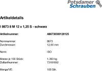 100 Sechskantmuttern ISO 8673 8 M12x1,25 schwarz schwarz Stahl