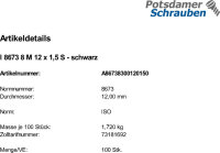100 Sechskantmuttern ISO 8673 8 M12x1,5 schwarz schwarz Stahl