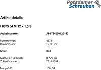 100 Sechskantmutter mit Fasen ISO 8675 04 M12x1,5 Stahl