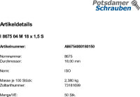 50 Sechskantmutter mit Fasen ISO 8675 04 M18x1,5 Stahl