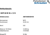 25 Sechskantmutter mit Fasen ISO 8675 04 M30x1,5 Stahl