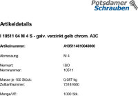 1000 Sechskantmuttern ISO 10511 04 M4 verzinkt gelb...