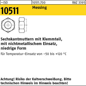 100 Sechskantmuttern ISO 10511 Messing M6