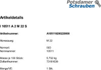 1 Sechskantmuttern ISO 10511 A2 M22 Edelstahl