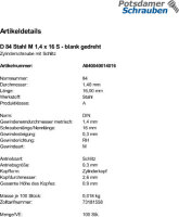 100 Schlitz Zylinderschrauben DIN 84 Stahl M1,4x16