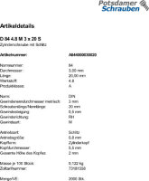 2000 Schlitz Zylinderschrauben DIN 84 4.8 M3x20