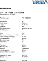 2000 Schlitz Zylinderschrauben DIN 84 4.8 verzinkt M3x20