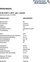 2000 Schlitz Zylinderschrauben DIN 84 4.8 verzinkt M3x28