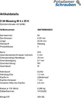 200 Schlitz Zylinderschrauben DIN 84 Messing M4x25