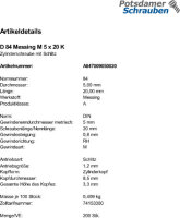 200 Schlitz Zylinderschrauben DIN 84 Messing M5x20