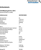 100 Schlitz Zylinderschrauben DIN 84 Messing M10x50