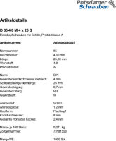 1000 Flachkopfschrauben DIN 85 4.8 Stahl M4x25