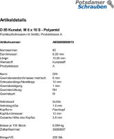 200 Flachkopfschrauben DIN 85 Polyamid M6x10