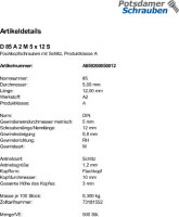 500 Edelstahl V2A Flachkopfschrauben DIN 85 A2 M5x12