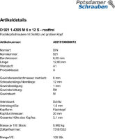100 Flachkopfschrauben DIN 921 1.4305 M6x12 rostfrei A1...