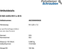 100 Flachkopfschrauben DIN 923 4.8 / 5.8 M5x20 Stahl