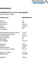 100 Schlitz Senkschrauben DIN 963 Stahl blank M1,6x10