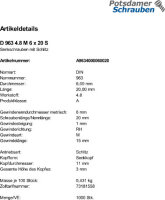 1000 Schlitz Senkschrauben DIN 963 4.8 Stahl M6x20