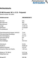 200 Schlitz Senkschrauben DIN 963 Polyamid M3x12