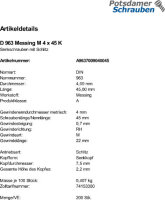 200 Schlitz Senkschrauben DIN 963 Messing M4x45