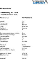 100 Schlitz Linsensenkschrauben DIN 964 Messing M8x40