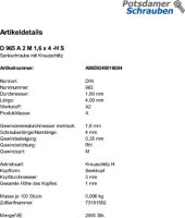 2000 Edelstahl V2A Kreuzschlitz Senkschrauben DIN 965 A2 -H M1,6x4
