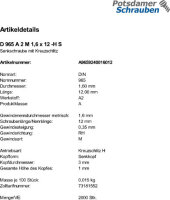 2000 Edelstahl V2A Kreuzschlitz Senkschrauben DIN 965 A2 -H M1,6x12