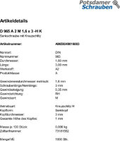 1000 Edelstahl V2A Kreuzschlitz Senkschrauben DIN 965 A2 -H M1,6x3