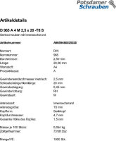 1000 Edelstahl V4A Torx Senkschrauben DIN 965 TX A4 M2,5x20