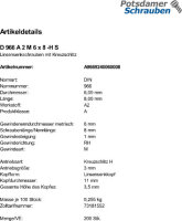 200 Edelstahl V2A Linsensenkschrauben DIN 966 A2 -H M6x8