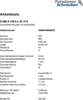 200 Edelstahl V4A Linsensenkschrauben DIN 966 A4 -H M6x25
