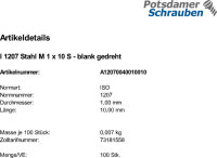100 Schlitz Zylinderschrauben ISO 1207 Stahl M1x10