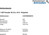 200 Kunststoff Schlitz Zylinderschrauben ISO 1207...