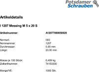 1000 Schlitz Zylinderschrauben ISO 1207 Messing M5x20