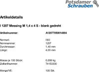 100 Schlitz Zylinderschrauben ISO 1207 Messing M1,4x4