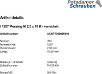 200 Schlitz Zylinderschrauben ISO 1207 Messing vernickelt...