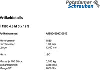 2000 Flachkopfschrauben ISO 1580 4.8 M3x12 Stahl