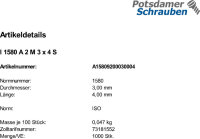 1000 Flachkopfschrauben ISO 1580 A2 M3x4 V2A Edelstahl