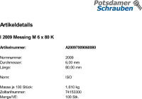 100 Schlitz Senkschrauben ISO 2009 Messing M6x80