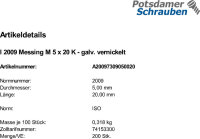 200 Schlitz Senkschrauben ISO 2009 Messing vernickelt M5x20