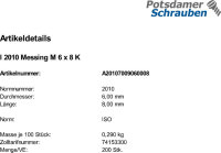 200 Linsensenkschrauben ISO 2010 Messing M6x8