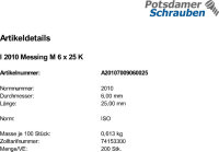 200 Linsensenkschrauben ISO 2010 Messing M6x25