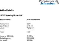 200 Linsensenkschrauben ISO 2010 Messing M6x45
