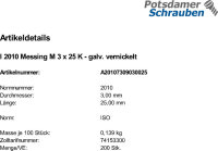 200 Linsensenkschrauben ISO 2010 Messing vernickelt M3x25