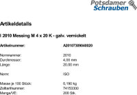 200 Linsensenkschrauben ISO 2010 Messing vernickelt M4x20