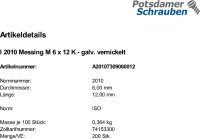 200 Linsensenkschrauben ISO 2010 Messing vernickelt M6x12